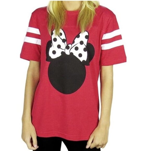 🏆Disney Women's Minnie Mouse Varsity Big Bow Red Crew Neck Cotton T-shirt - Picture 1 of 6